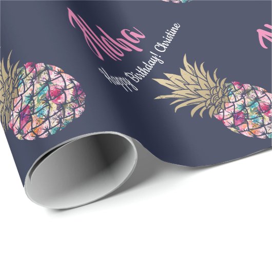 Blaue Tropenrosa Ananas zum Geburtstag Geschenkpapier (Rolleneckpunkt)