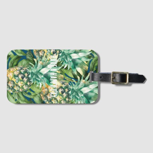 Blaue tropische Blätter Ananas Gepäckanhänger (Vorderseite (Horizontal))