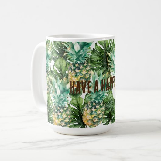 Blaue tropische Blätter Ananas Kaffeetasse (Vorderseite Links)