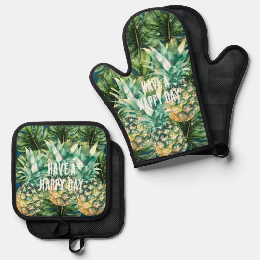 Blaue tropische Blätter Ananas Ofenhandschuh & Topflappen-Set (Vorderseite/Rückseite)