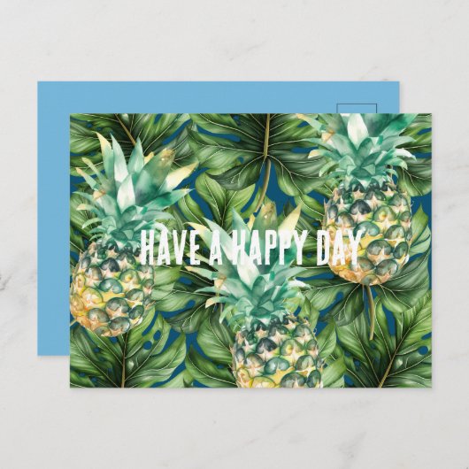 Blaue tropische Blätter Ananas Postkarte (Vorne/Hinten)