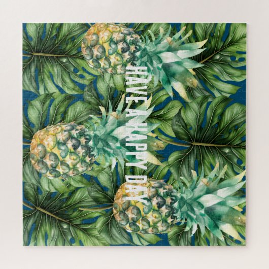 Blaue tropische Blätter Ananas Puzzle (Horizontal)