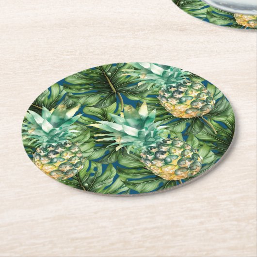 Blaue tropische Blätter Ananas Runder Pappuntersetzer (Angewinkelt)