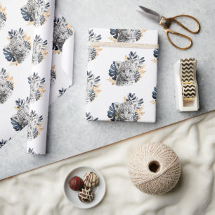 Blaue tropische Blätter aus Leopard Geschenkpapier