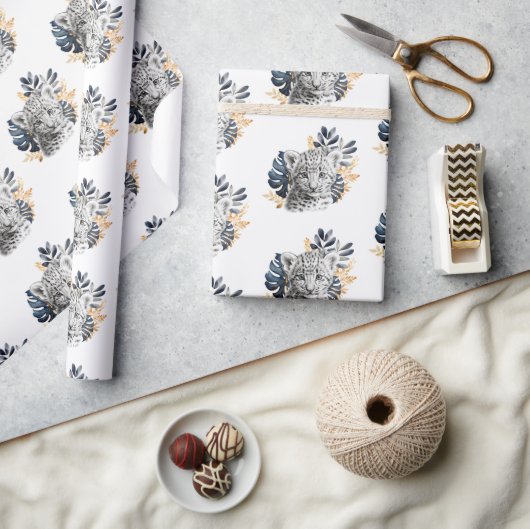 Blaue tropische Blätter aus Leopard Geschenkpapier (Kunsthandwerk)