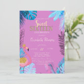 Blaue tropische Blätter Flamingos Pink Sweet 16 Einladung (Stehend Vorderseite)