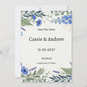 Blaue tropische Blumenhochzeit Save The Date
