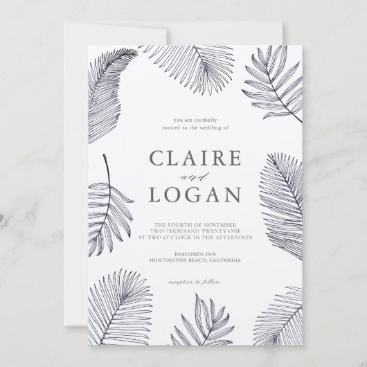 Blaue tropische Palmen Blätter Hochzeit Einladung (Vorderseite)
