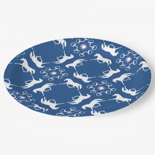 Blaue Trottoire-Pferde und Muster Pappteller (Schrägansicht)