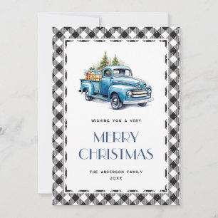 Blaue Truck Schwarz-Weiß-Karo-Frohe-Weihnachtskart Feiertagskarte