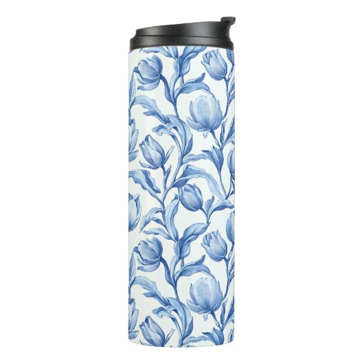 Blaue Tulip Vintages Blumenmuster Thermosbecher (Nach links gedreht)