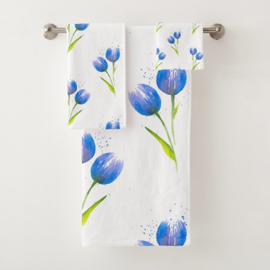 Blaue Tulips Wasserfarbmuster Badhandtuch Set (Insitu)