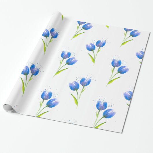 Blaue Tulips Wasserfarbmuster Geschenkpapier (Ungerollt)