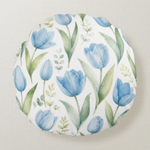 Blaue Tulpen Aquarell-Blumenmalerei Botanisch Rundes Kissen