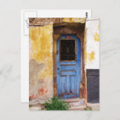 Blaue Tür auf der griechischen Insel Mykonos Postkarte (Vorne/Hinten)