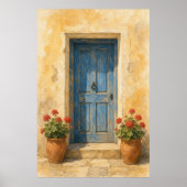 Blaue Tür mit Geranientöpfen Aquarell Poster (Vorne)