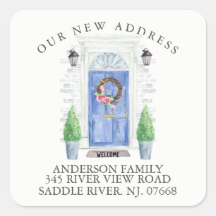 Blaue Tür   Neue Zuhause-Adressenaufkleber Quadratischer Aufkleber