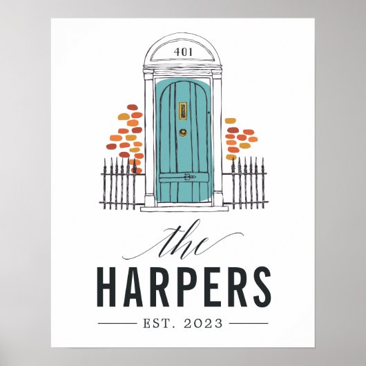 Blaue Tür | Personalisierter Familienname Poster (Vorne)
