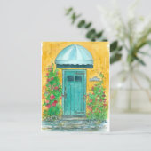 Blaue Tür Senf Gelbe Bewegung Annoucement Postkarte (Stehend Vorderseite)