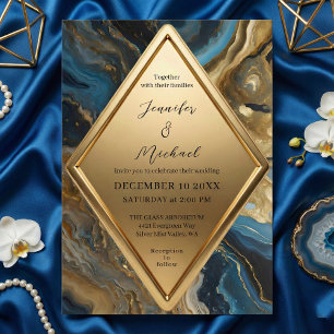 Blaue Türkis Gold Achat Murmel Geometrische Hochze Einladung