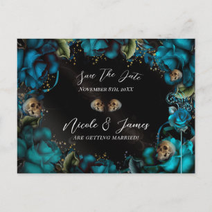 Blaue Türkis Rosen Totenköpfe Gothic Hochzeitsterm Ankündigungspostkarte