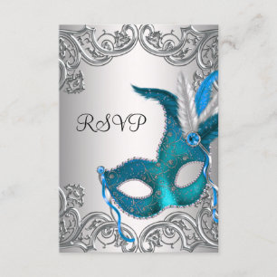 Blaue Türkis-Silber-Maske Masquerade-Party RSVP Karte