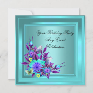 Blaue Türkis-Violette Blumen Elegante Party Einladung