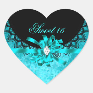 Blaue Türkisblaue Sweet Sixteen Sweet 16 Schwarze  Herz-Aufkleber