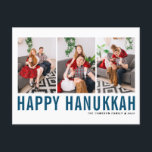 Blaue Typografie Foto Collage Happy Hanukkah Feiertagspostkarte<br><div class="desc">Happy Hanukka! Individuell anpassbare Happy Hanukkah Foto Collage Postcard mit blauer Typografie und Schneemuster. Personalisieren Sie Ihre Daten durch Hinzufügen von drei Fotos,  Namen,  Jahr und anderen Details. Diese moderne Hanukkah Postkarte ist in anderen Farben und mit Karton erhältlich.</div>