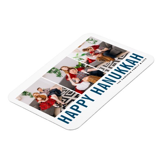 Blaue Typografie Foto Collage Happy Hanukkah Magnet (Linke Seite)