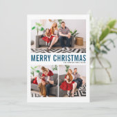 Blaue Typografie Frohe Weihnachten Drei Foto (Stehend Vorderseite)