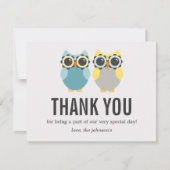 Blaue u. gelbe Eulen-Entwurfs-Hochzeit danken Dankeskarte (Vorderseite)