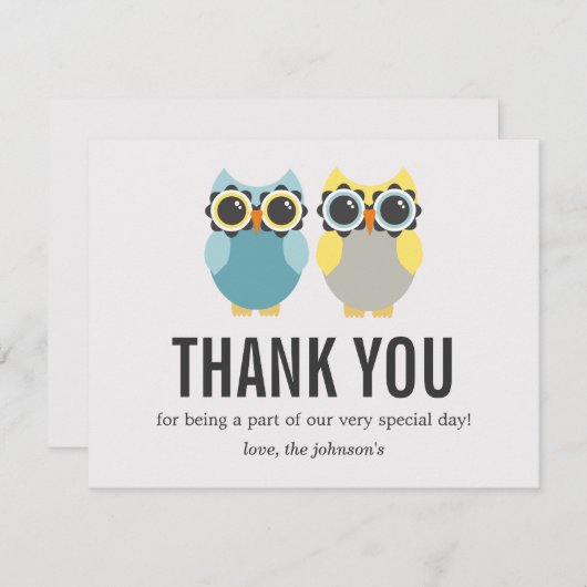 Blaue u. gelbe Eulen-Entwurfs-Hochzeit danken Dankeskarte (Vorne/Hinten)