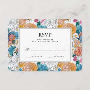 Blaue u. orange handgemalte Blumen - Hochzeit UAWG RSVP Karte
