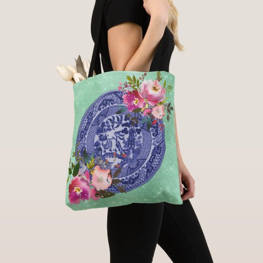Blaue u. weiße China-blaue Weide und Rosen Tasche (Von Nahem)