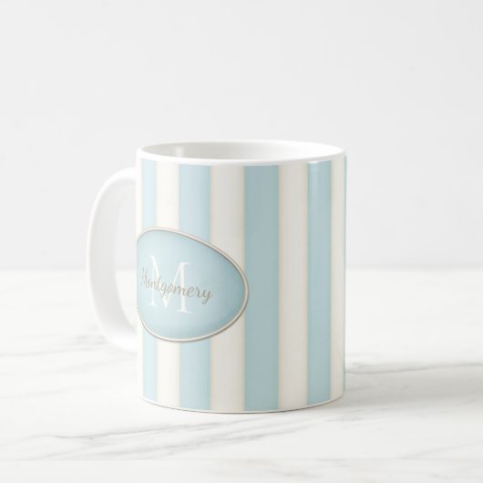 Blaue und antike weiße Streifen Oval Gerahmte Mono Kaffeetasse (Vorderseite Links)