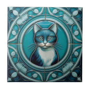 Blaue und aqua-blaue Faux-Relief-Art-Nouveau-Katze Fliese