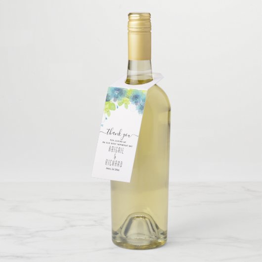 Blaue und aquamarine Frühlingsblumen, Blumenhochze Flaschenanhänger (Angewinkelt)