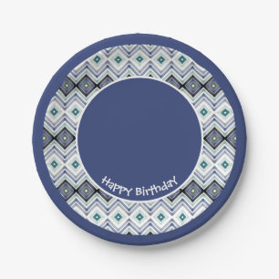 Blaue und Aquamarine Gemusterte Happy Birthday Pap Pappteller