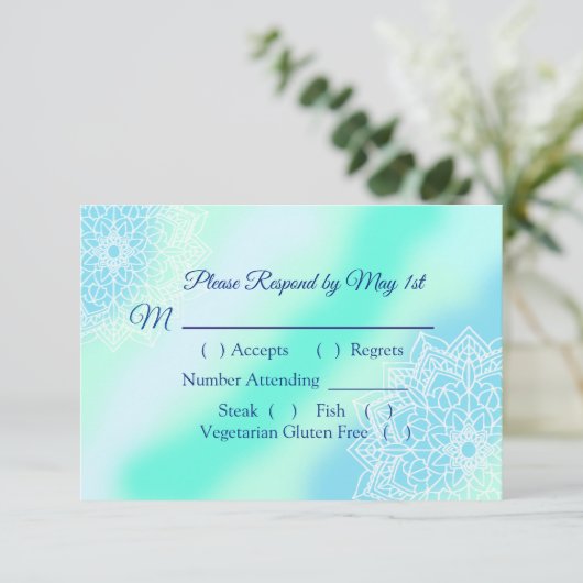 Blaue und Aquamarine Mandala Elegante Wedding RSVP (Stehend Vorderseite)