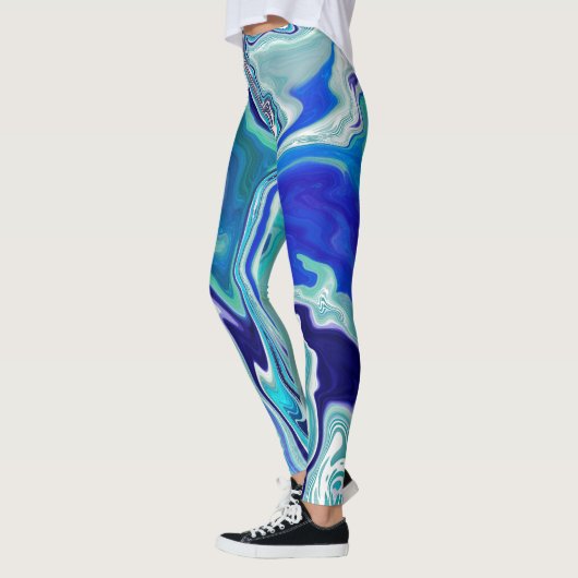 Blaue und Aquamarine Marmorwellen Leggings (Links)
