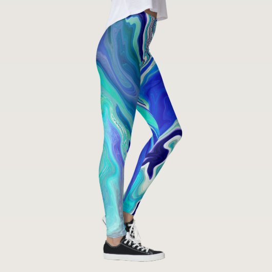 Blaue und Aquamarine Marmorwellen Leggings (Rechts)