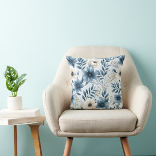 Blaue und beige Blumen Kissen