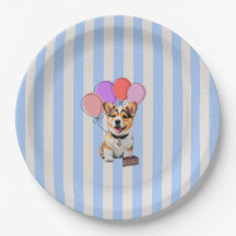 Blaue und beige gestreifte Corgi-Geburtstagsfeier