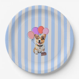 Blaue und beige gestreifte Corgi-Geburtstagsfeier Pappteller