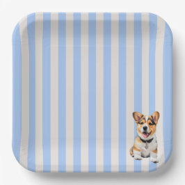 Blaue und beige gestreifte verspielte Corgi-Hundef Pappteller
