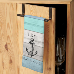 Blaue und Beige Töne Holz Nautical - Monogramm Geschirrtuch