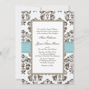 Blaue und braune Damast-Hochzeitseinladungen Einladung
