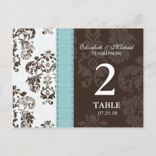 Blaue und braune Damast-Hochzeitstisch-Nummer Postkarte