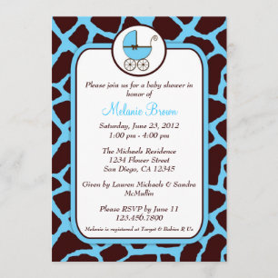Blaue und braune Giraffen-Druck-Baby-Shower-Einlad Einladung